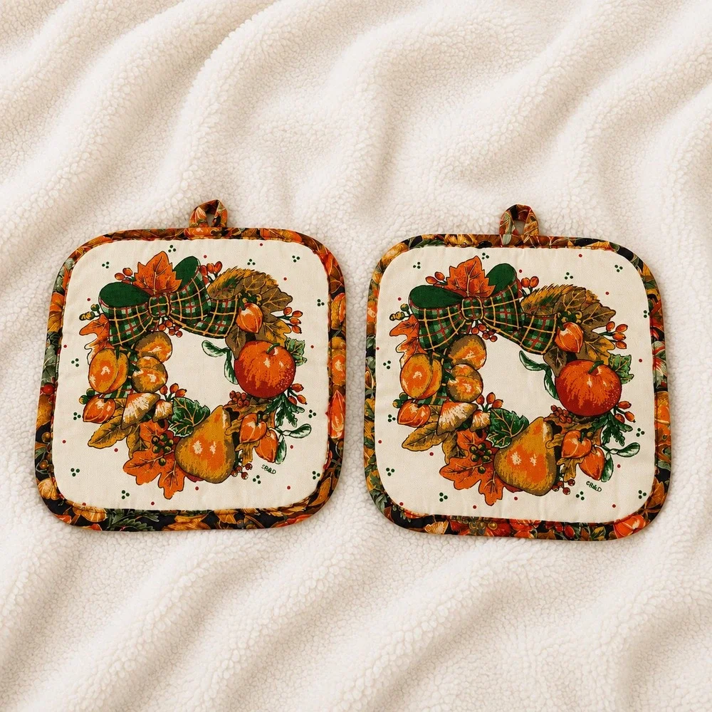 Vintage B&D Autumn Potholders Set 2 Fall Fruit Leaves Apple Pumpkin Kitchen